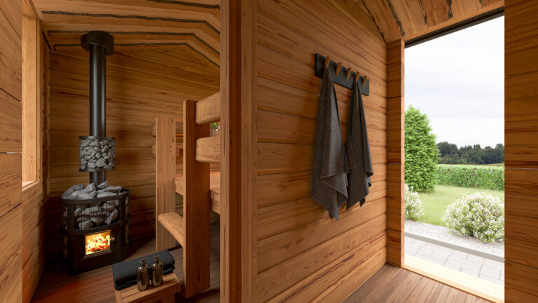 Harjakattoisen Hetta-mallin sauna vastakkain istuttavin lautein sekä sisäänkäyntivälikkö.